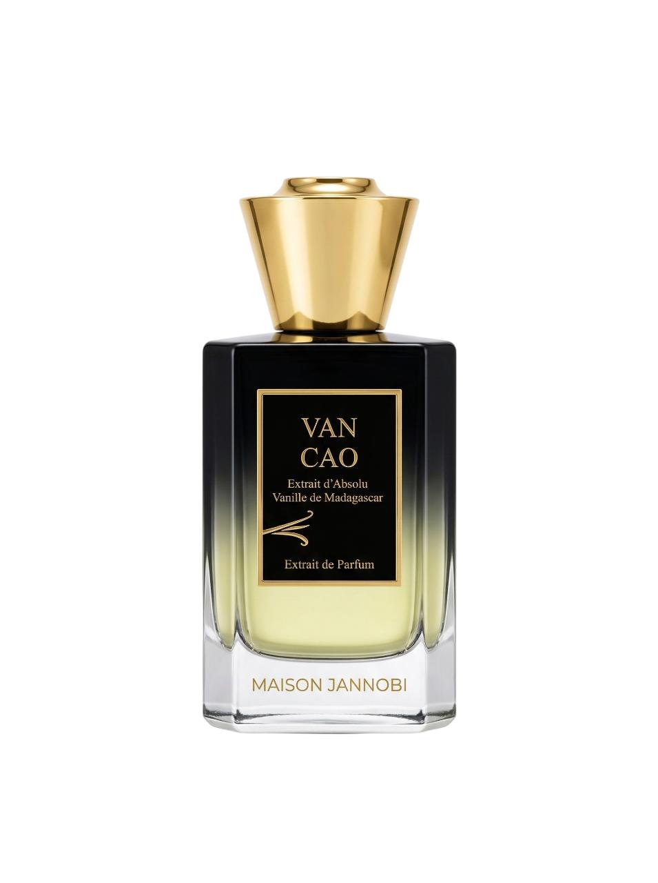 Flacon de Van Cao, extrait de parfum gourmand vanillé et ambré de Maison Jannobi, parfumerie Rivora à Nancy