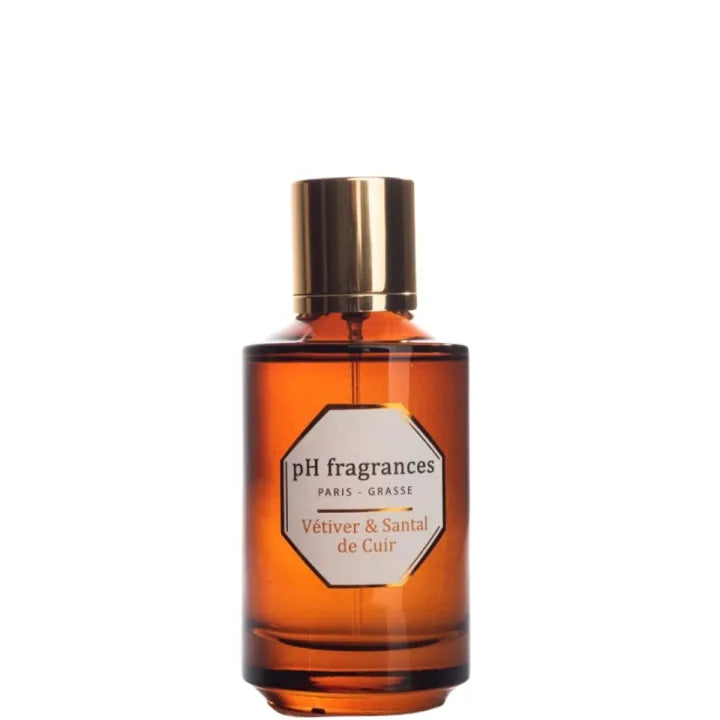 Flacon de Vétiver & Santal de Cuir, eau de parfum boisée cuirée de pH fragrances, parfumerie Rivora à Nancy